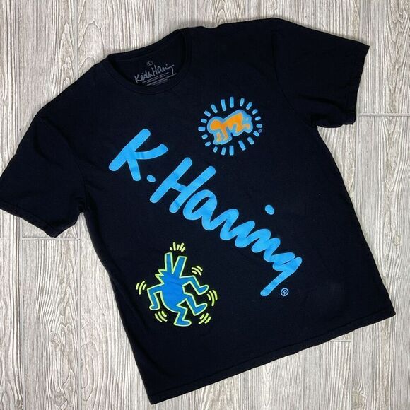 Keith Haring Artist Signature Art Black Graffiti Short Sleeve T-Shirt Men's L - Picture 1 of 6